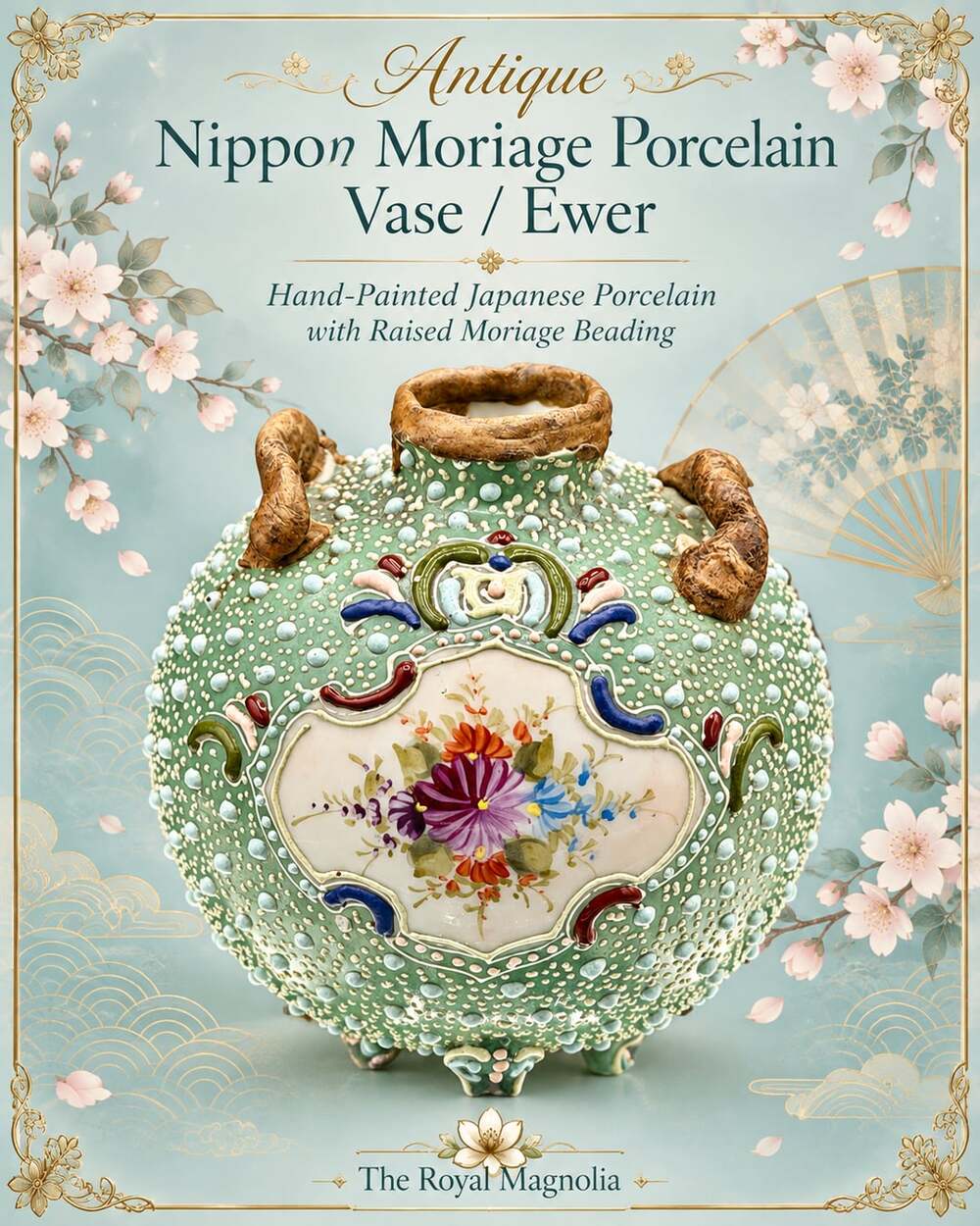 Antique Nippon Moriage Porcelain Vase Hand-Painted Japanese Ewer